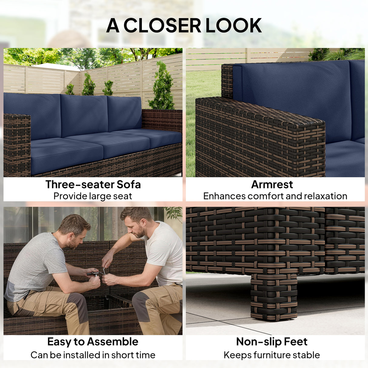 Poly Rattan 3 Seater Garden Sofa With Cushions and Metal Frame - Velmora
