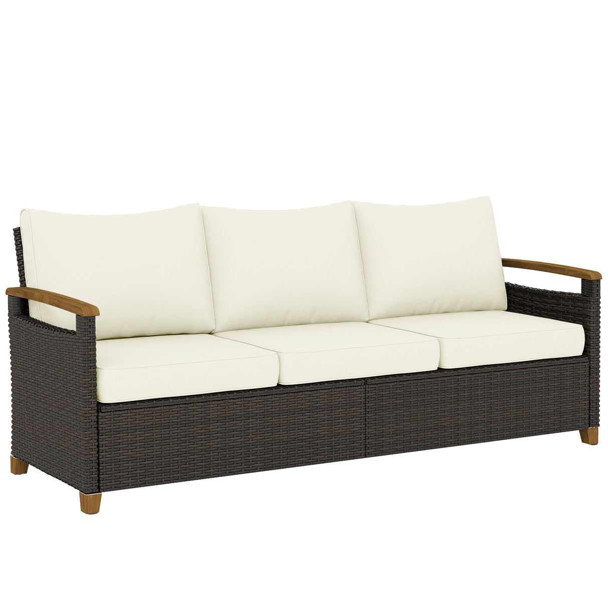 Poly Rattan 3 Seater Garden Sofa With Thickened Cushions and Wooden Armrests - Velmora