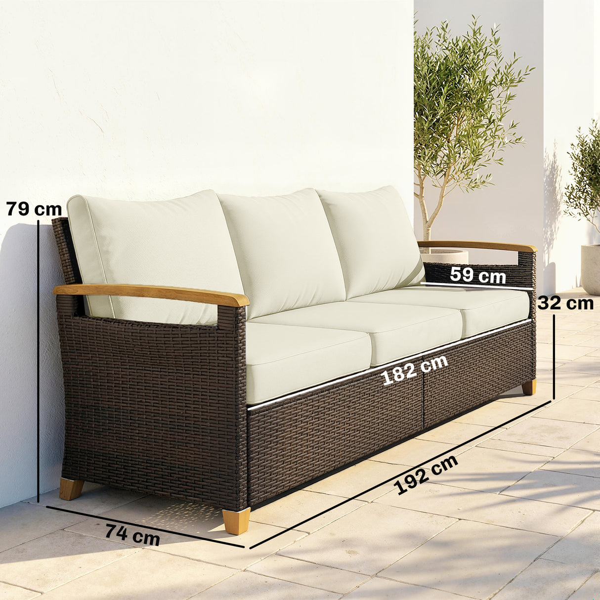 Poly Rattan 3 Seater Garden Sofa With Thickened Cushions and Wooden Armrests - Velmora