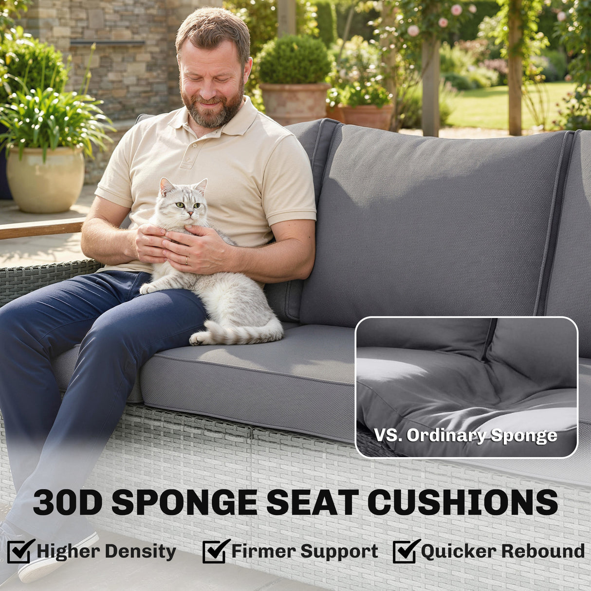 Poly Rattan 3 Seater Garden Sofa With Thickened Cushions and Wooden Armrests - Velmora