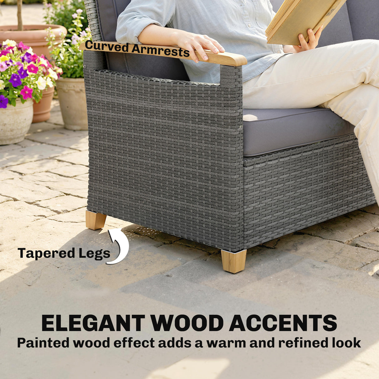 Poly Rattan 3 Seater Garden Sofa With Thickened Cushions and Wooden Armrests - Velmora
