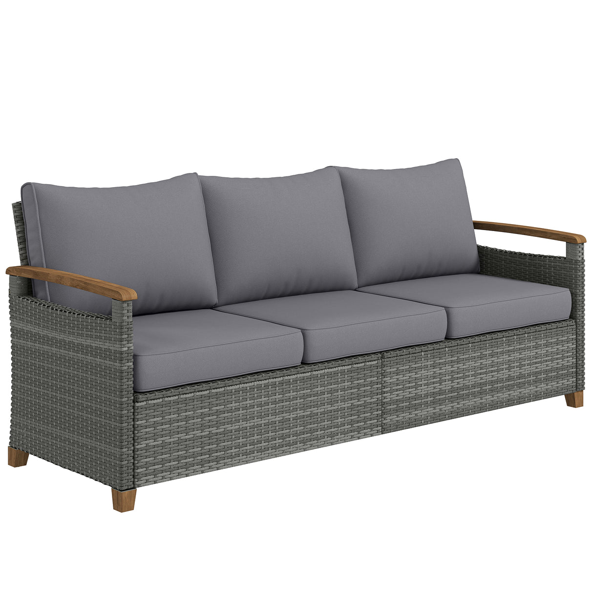 Poly Rattan 3 Seater Garden Sofa With Thickened Cushions and Wooden Armrests - Velmora