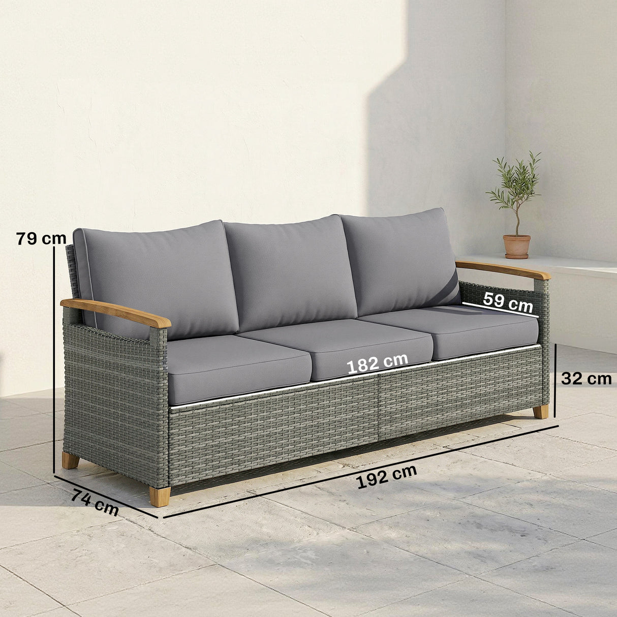 Poly Rattan 3 Seater Garden Sofa With Thickened Cushions and Wooden Armrests - Velmora