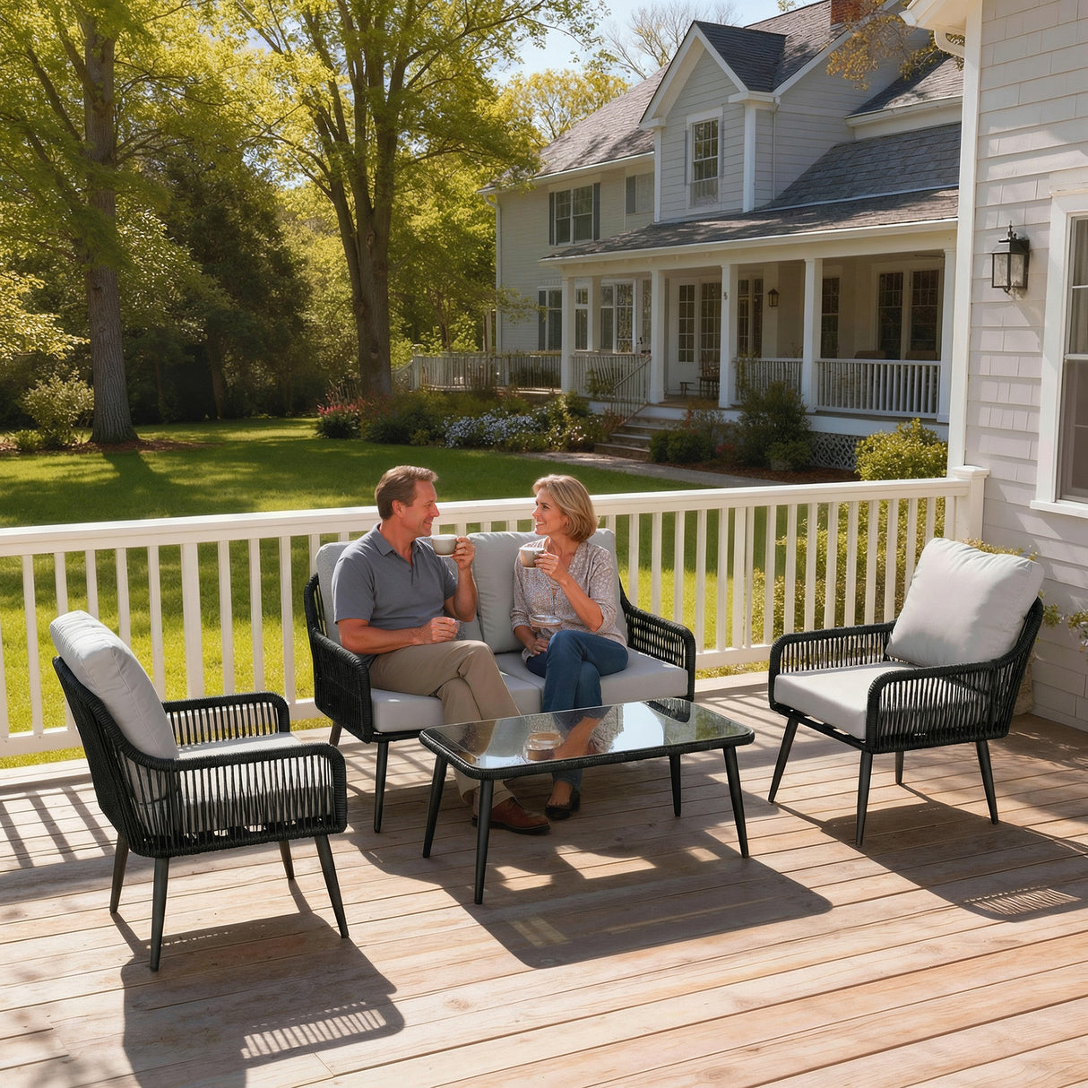 Poly Rattan 4 Piece Garden Sofa Set With Rectangular Glass Table and Chairs - Velmora