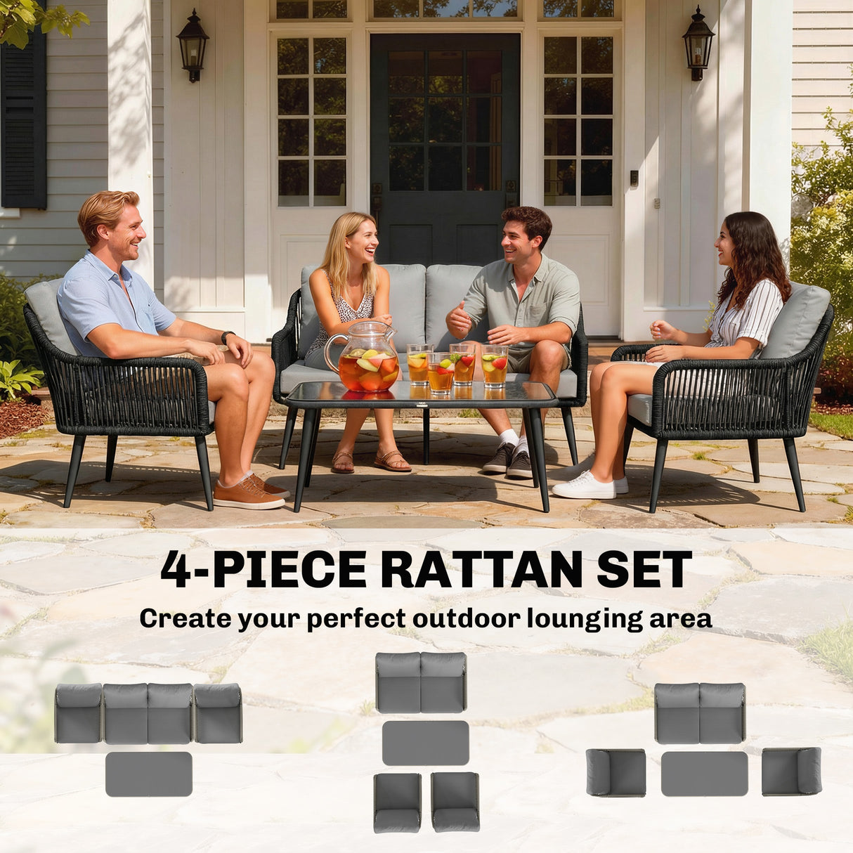 Poly Rattan 4 Piece Garden Sofa Set With Rectangular Glass Table and Chairs - Velmora