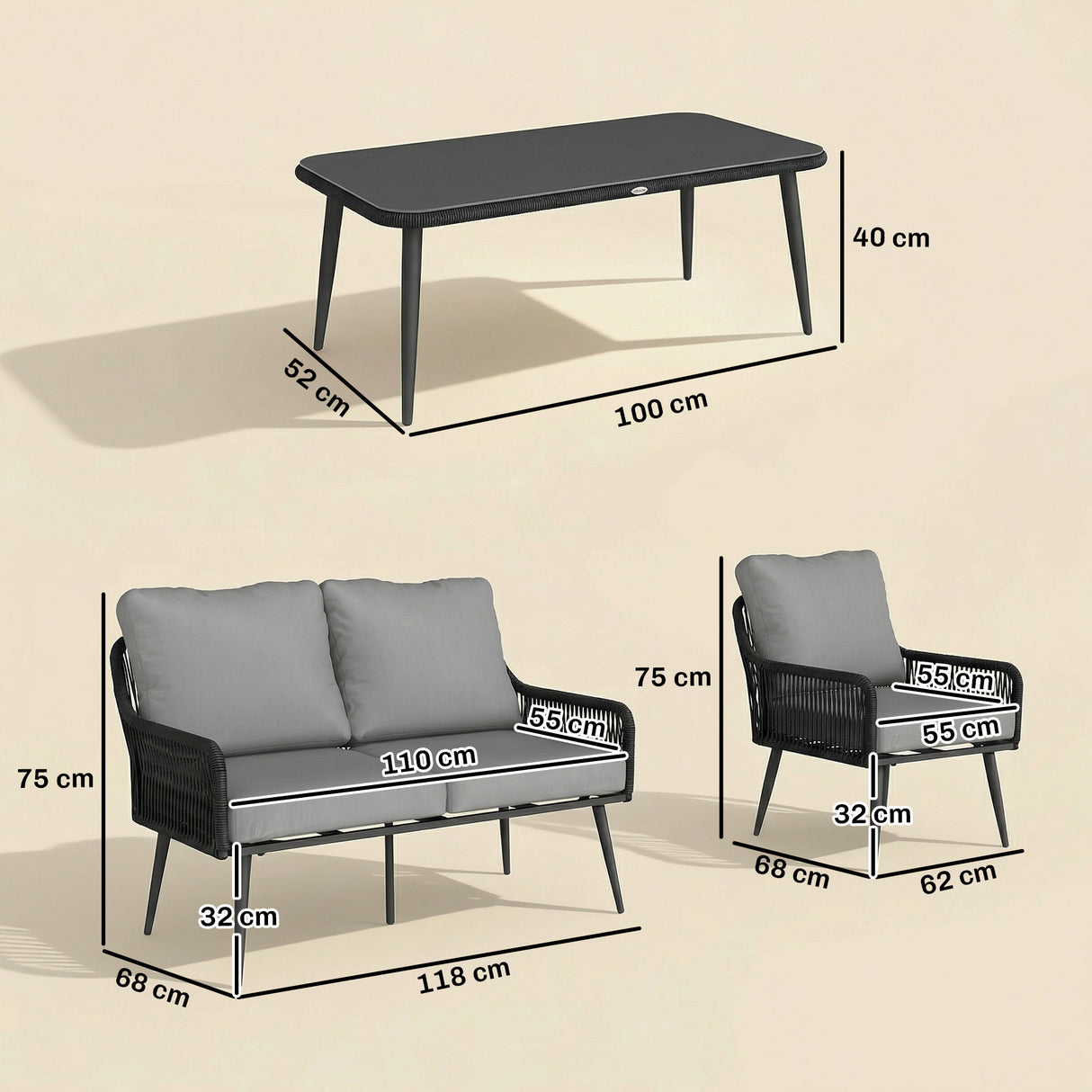 Poly Rattan 4 Piece Garden Sofa Set With Rectangular Glass Table and Chairs - Velmora