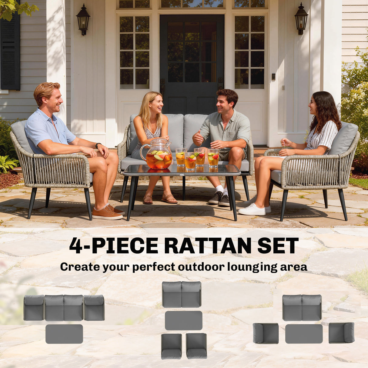 Poly Rattan 4 Piece Garden Sofa Set With Rectangular Glass Table and Chairs - Velmora