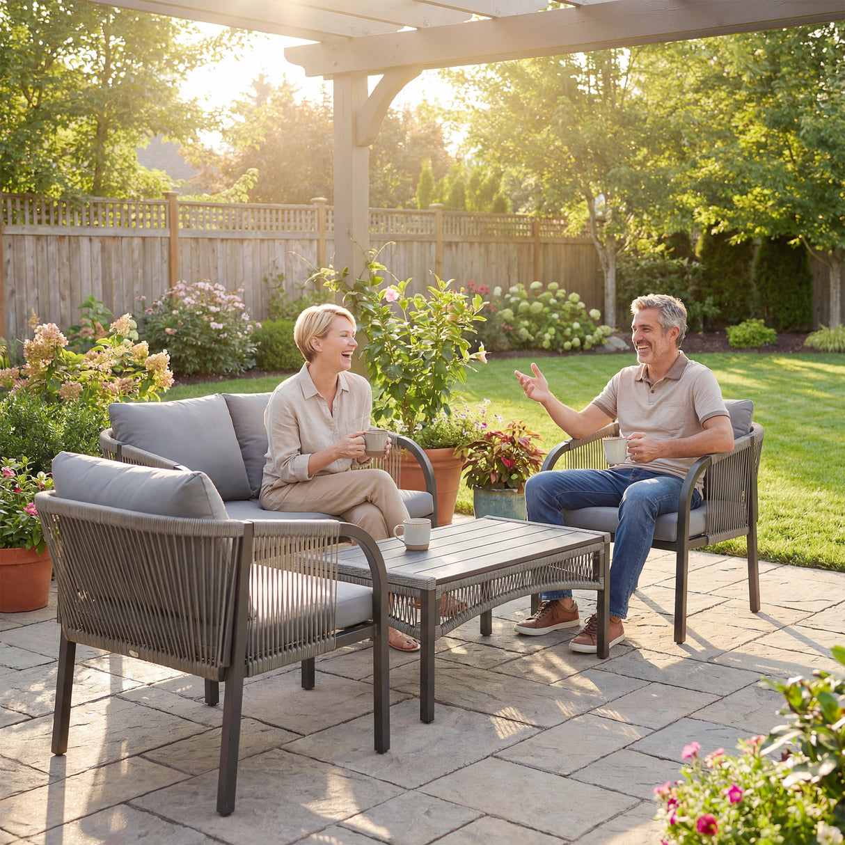 Poly Rattan 4 Pieces Conversation Garden Sofa Set With Loveseat And Table - Velmora