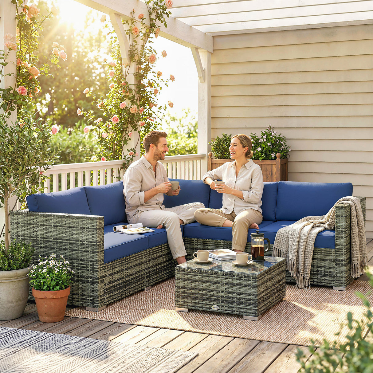 Poly Rattan 4 Pieces Garden Sofa Set With Glass Top Coffee Table - Velmora