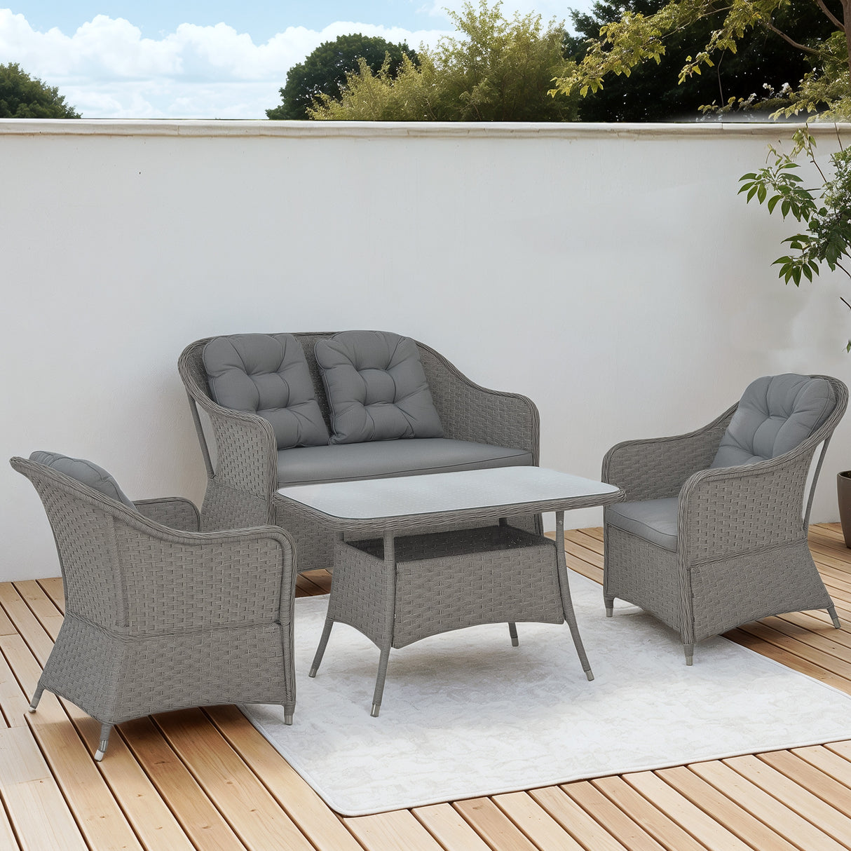 Poly Rattan 4 Pieces Garden Sofa Set With Rectangular Glass Coffee Table - Velmora