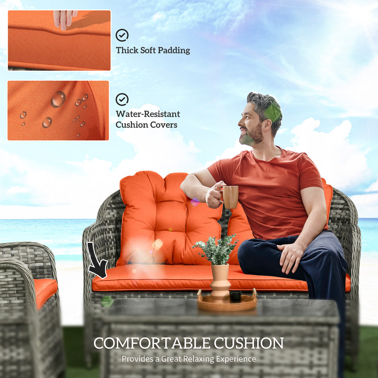 Poly Rattan 4 Pieces Garden Sofa Set With Glass-Top Table - Velmora