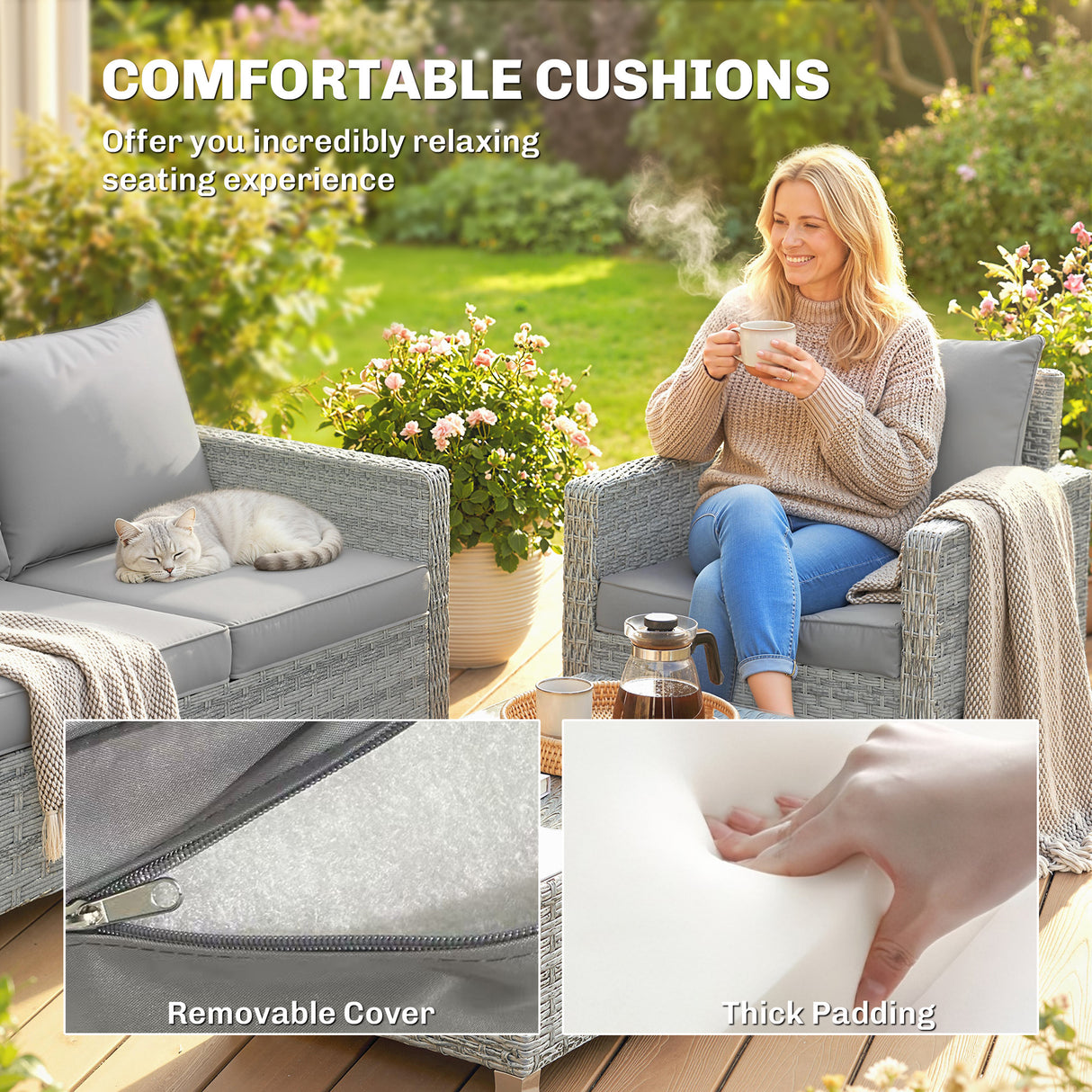 Poly Rattan 4 Pieces Garden Sofa Set With Loveseat and 2 Armchairs - Velmora