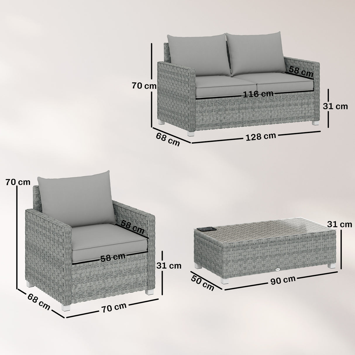 Poly Rattan 4 Pieces Garden Sofa Set With Loveseat and 2 Armchairs - Velmora