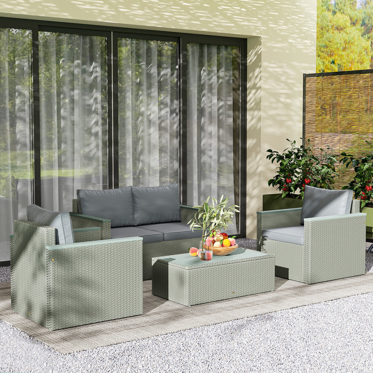 Poly Rattan 4 Pieces Garden Sofa Set With Wood Top Table - Velmora