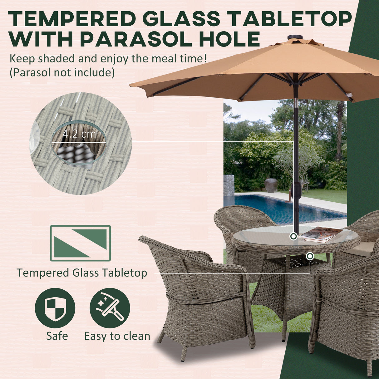 Poly Rattan 4 Seater Garden Dining Set With Parasol Hole And Cushions - Velmora