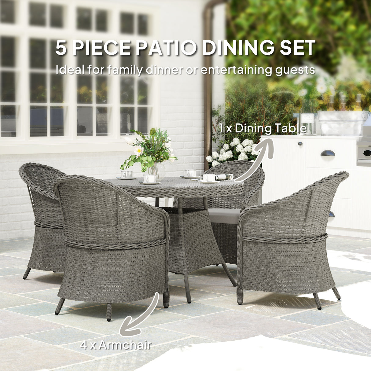 Poly Rattan 4 Seater Garden Dining Set With Parasol Hole And Cushions - Velmora
