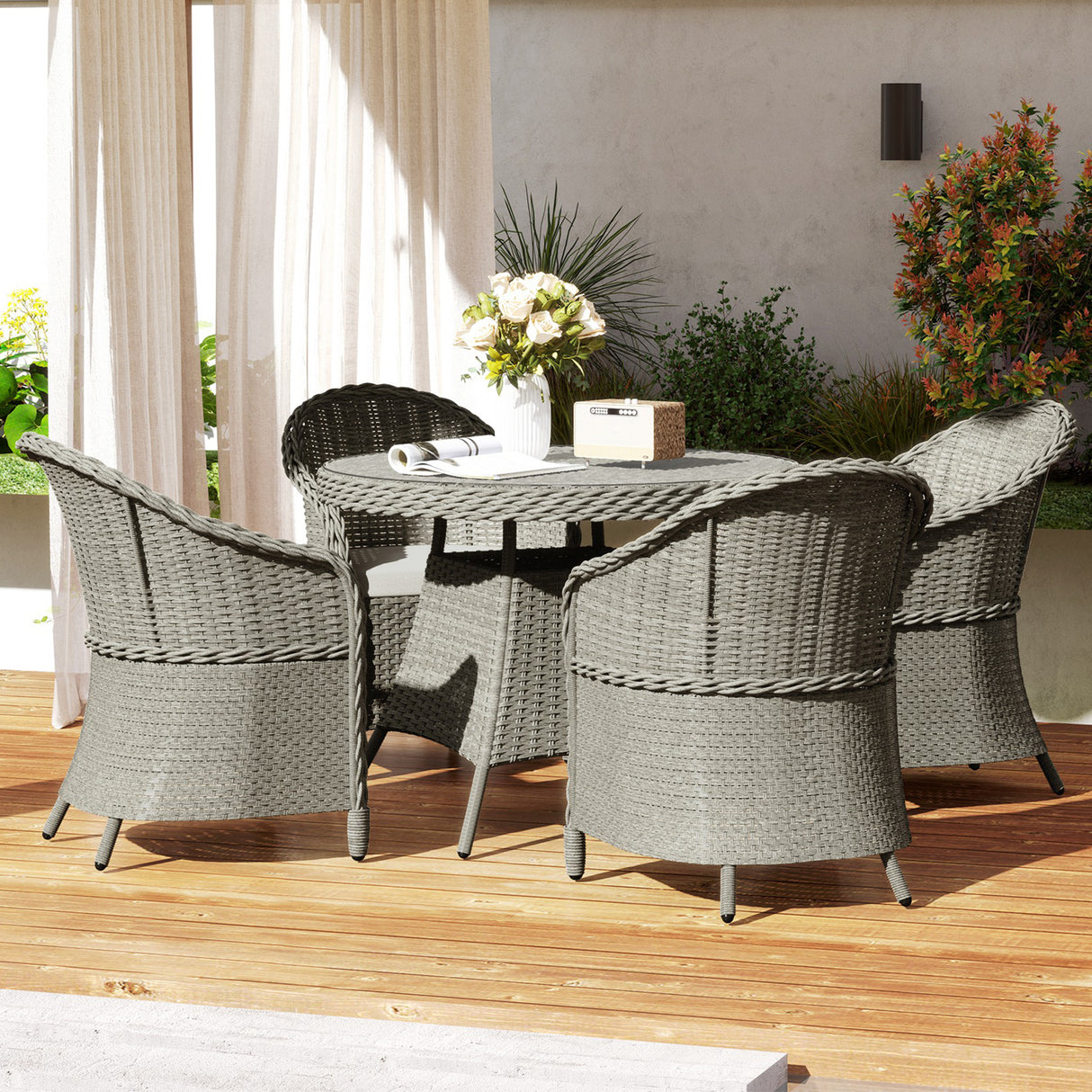Poly Rattan 4 Seater Garden Dining Set With Parasol Hole And Cushions - Velmora