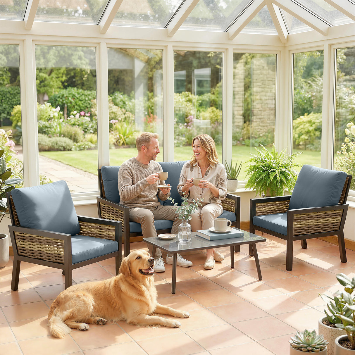 Poly Rattan 4 Seater Garden Sofa Set With 2 Armchairs And Coffee Table - Velmora