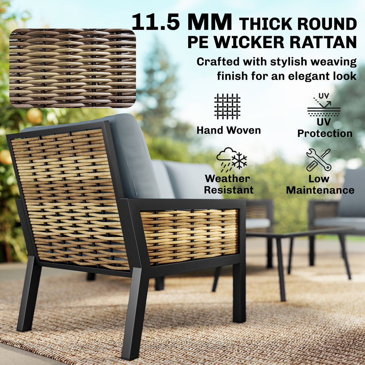 Poly Rattan 4 Seater Garden Sofa Set With 2 Armchairs And Coffee Table - Velmora