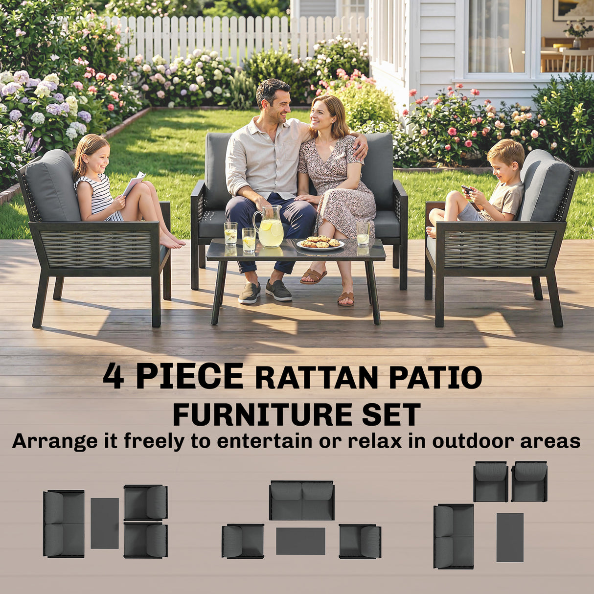 Poly Rattan 4 Seater Garden Sofa Set With 2 Armchairs And Coffee Table - Velmora