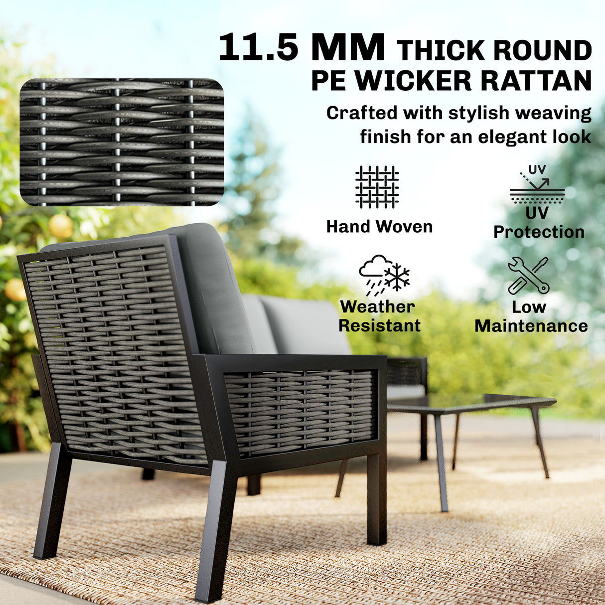 Poly Rattan 4 Seater Garden Sofa Set With 2 Armchairs And Coffee Table - Velmora