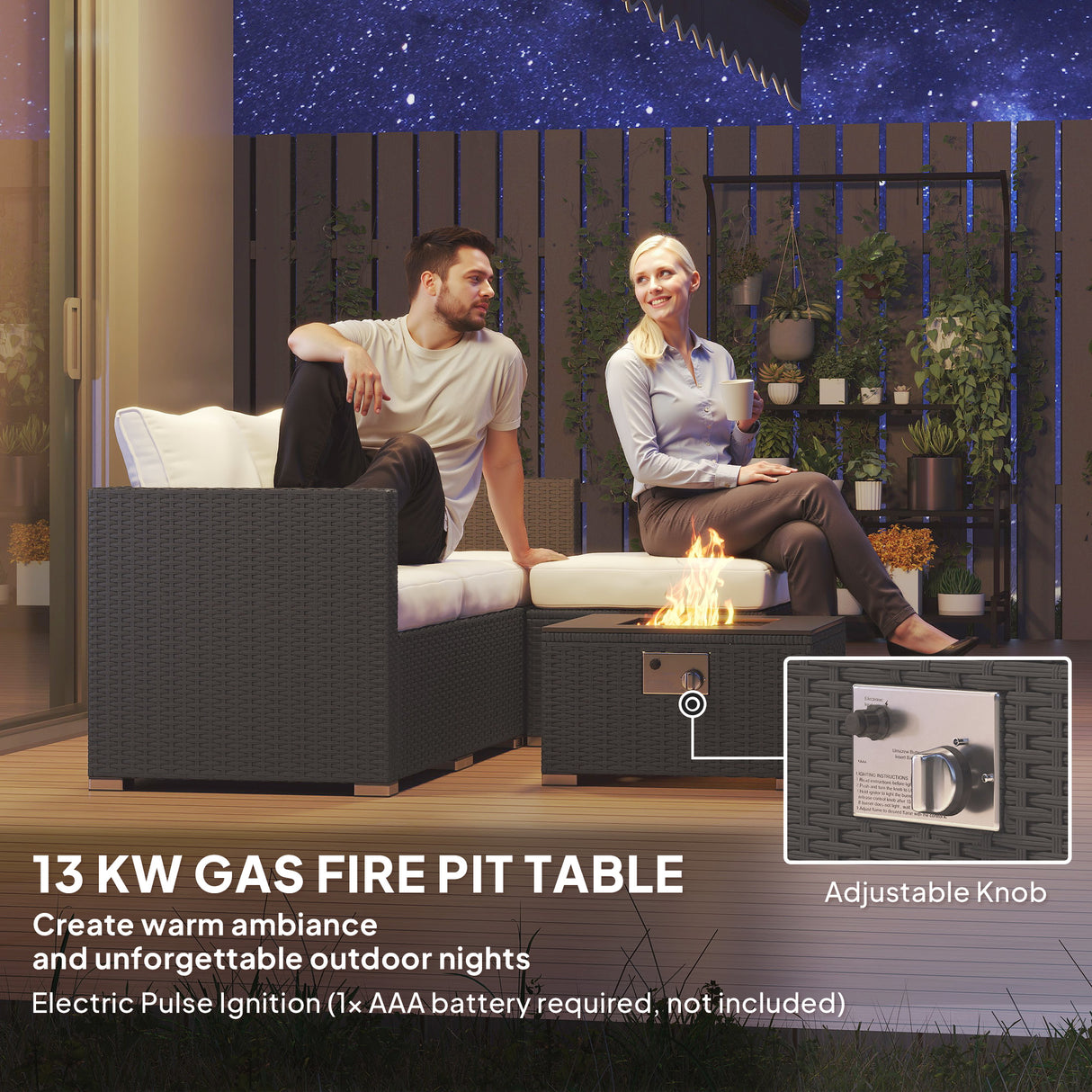 Poly Rattan 5 Piece Garden Sofa Set With Gas Fire Pit Table and Footstool - Velmora