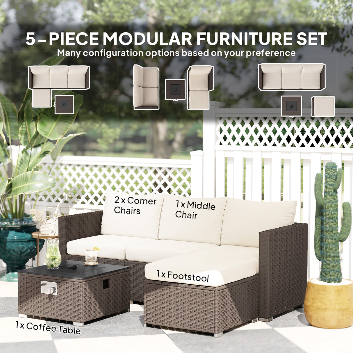 Poly Rattan 5 Piece Garden Sofa Set With Gas Fire Pit Table and Footstool - Velmora