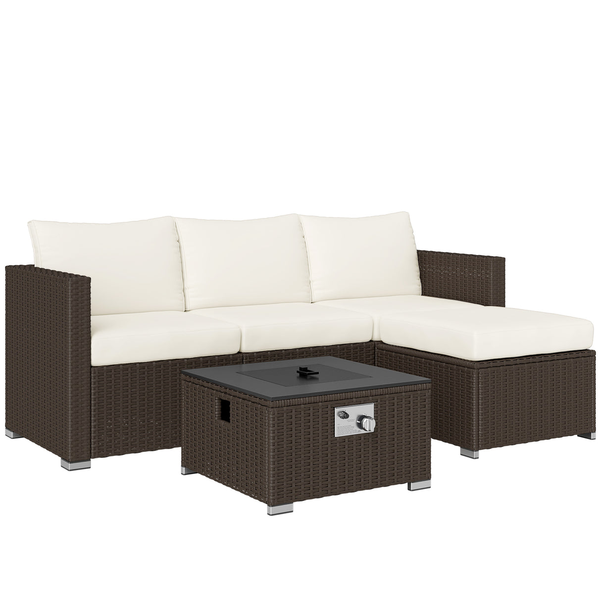 Poly Rattan 5 Piece Garden Sofa Set With Gas Fire Pit Table and Footstool - Velmora
