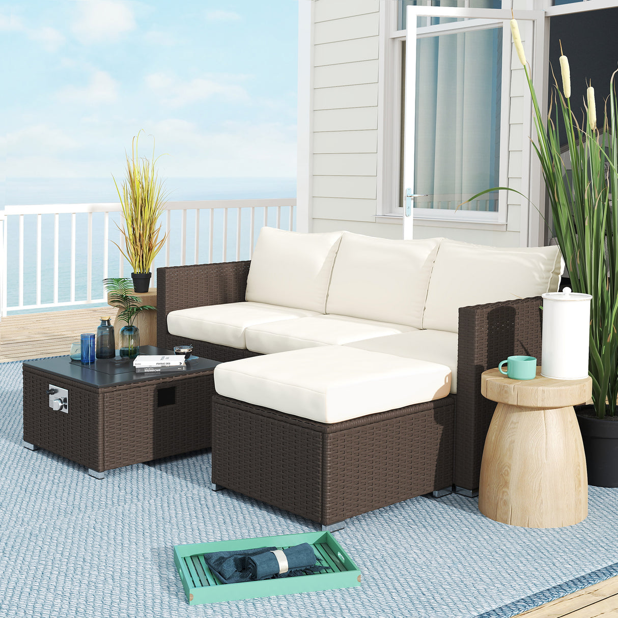Poly Rattan 5 Piece Garden Sofa Set With Gas Fire Pit Table and Footstool - Velmora