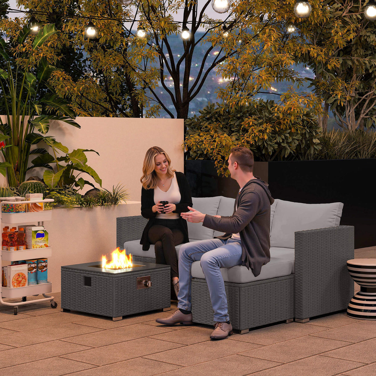 Poly Rattan 5 Piece Garden Sofa Set With Gas Fire Pit Table and Footstool - Velmora