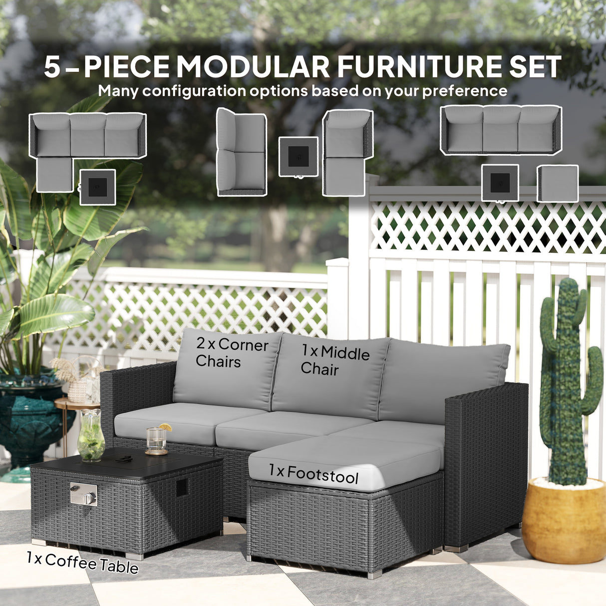 Poly Rattan 5 Piece Garden Sofa Set With Gas Fire Pit Table and Footstool - Velmora