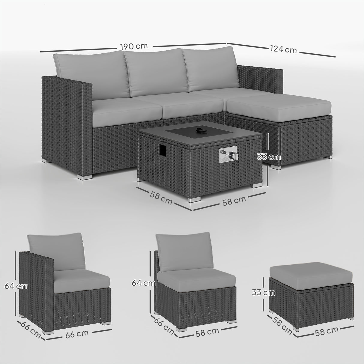 Poly Rattan 5 Piece Garden Sofa Set With Gas Fire Pit Table and Footstool - Velmora