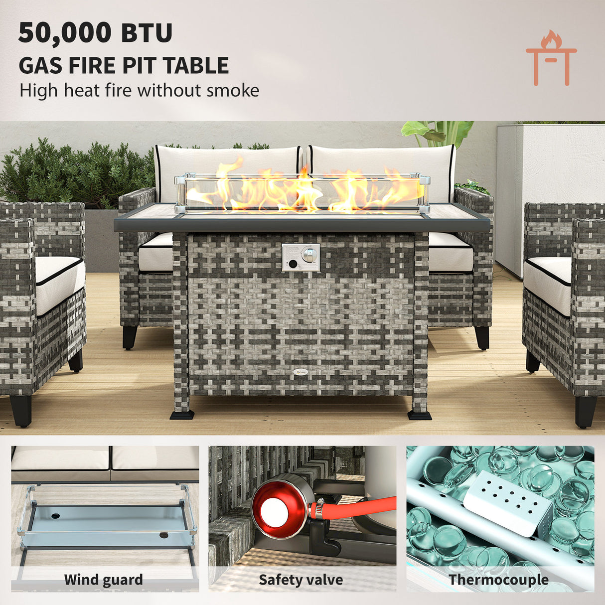 Poly Rattan 5 Pieces 4 Seater Garden Furniture Set With Gas Fire Pit Table - Velmora