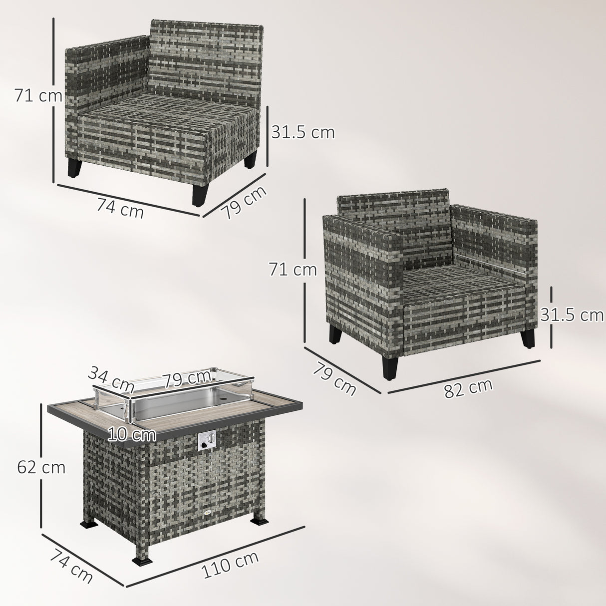 Poly Rattan 5 Pieces 4 Seater Garden Furniture Set With Gas Fire Pit Table - Velmora