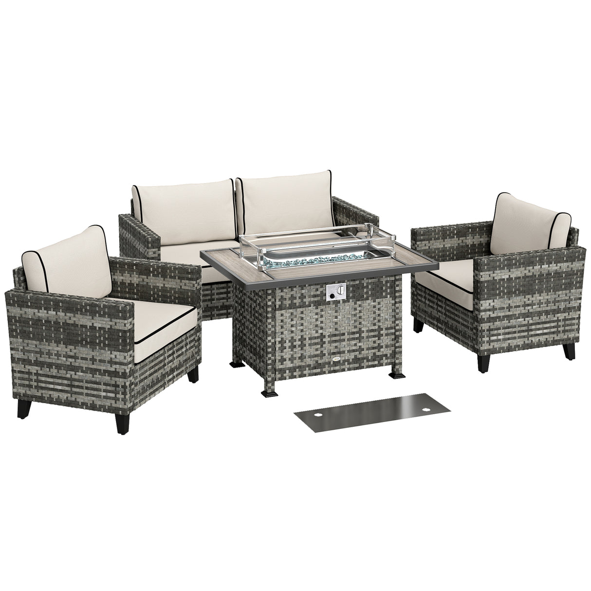 Poly Rattan 5 Pieces 4 Seater Garden Furniture Set With Gas Fire Pit Table - Velmora