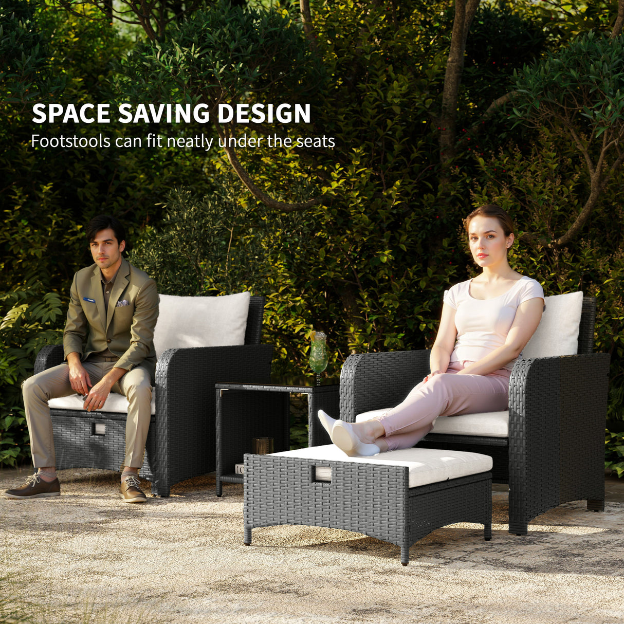 Poly Rattan 5 Pieces Garden Sofa Set With 2-Tier Coffee Table And Ottomans - Velmora