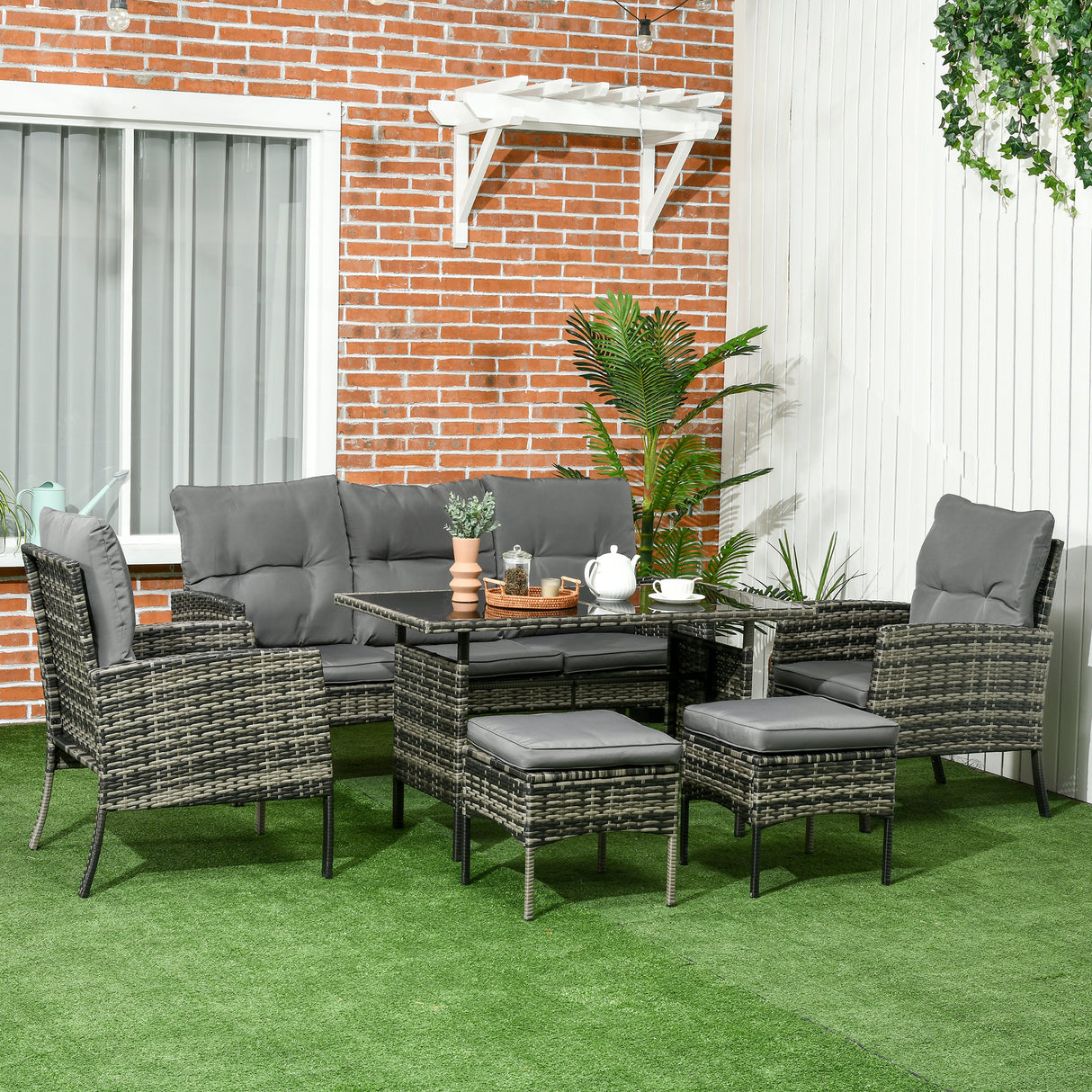 Poly Rattan 5 Seater Garden Furniture Set With Glass Table and Cushions - Velmora
