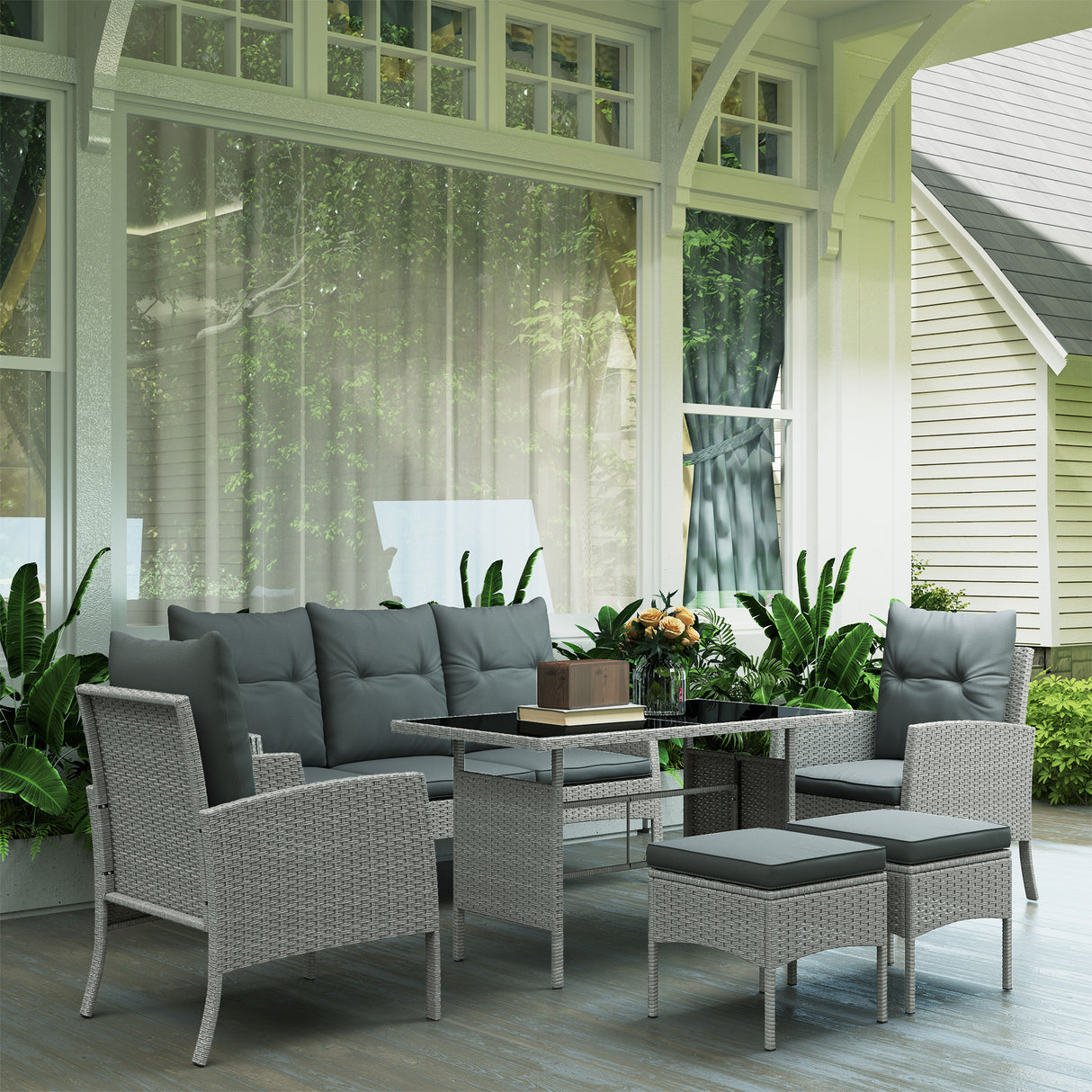 Poly Rattan 5 Seater Garden Furniture Set With Glass Table and Cushions - Velmora