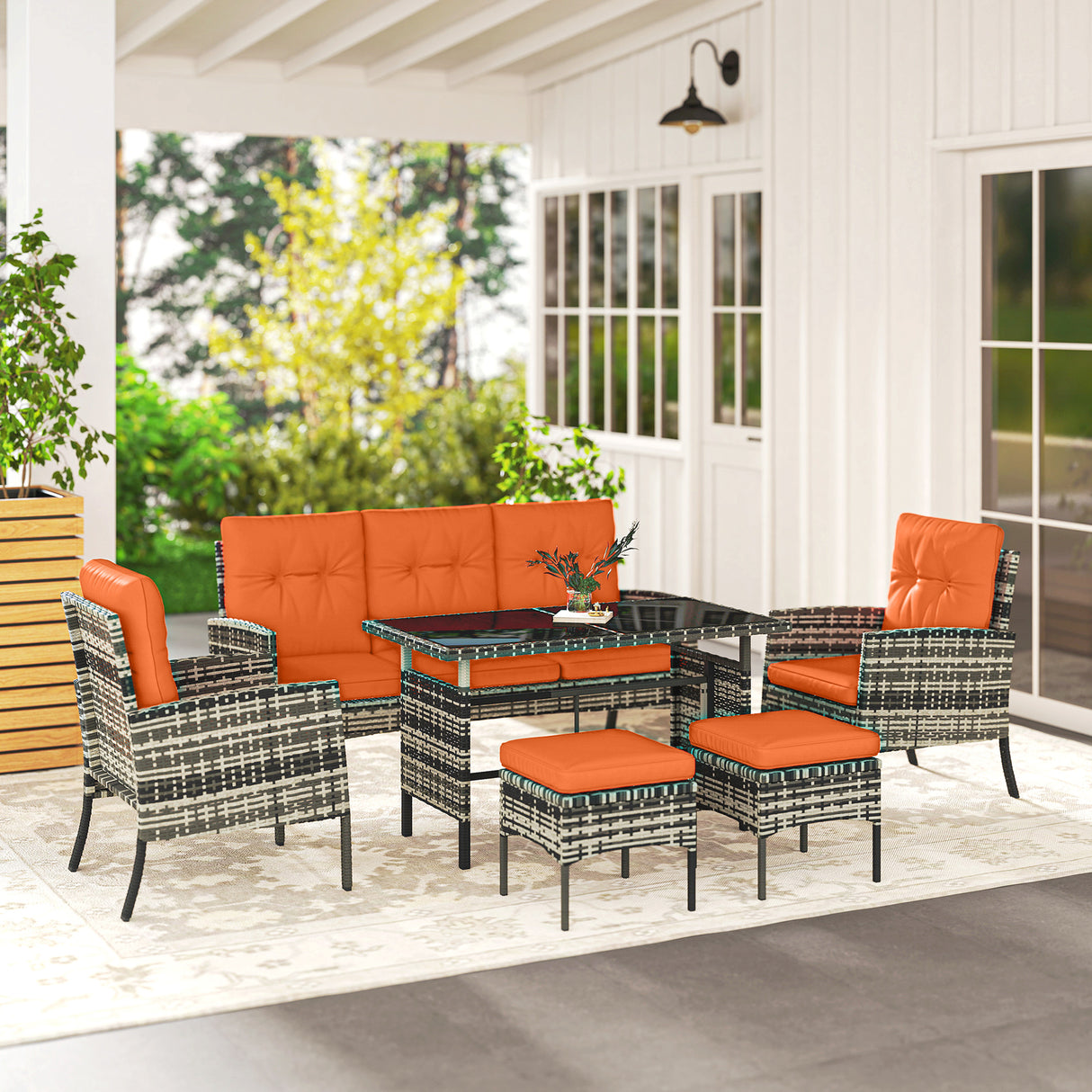 Poly Rattan 5 Seater Garden Furniture Set With Glass Table and Cushions - Velmora