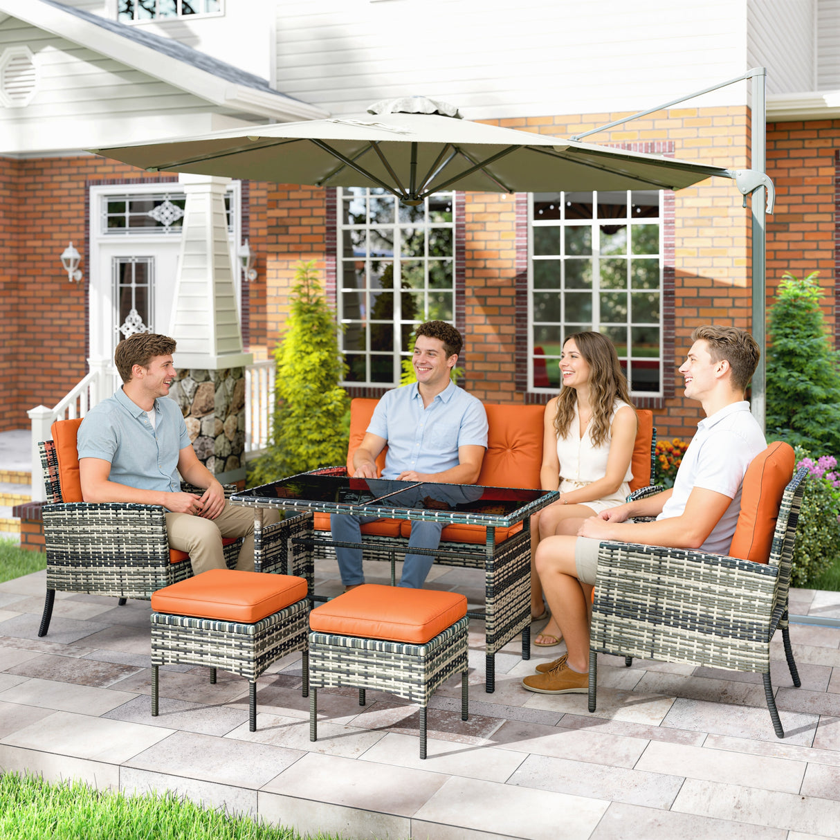 Poly Rattan 5 Seater Garden Furniture Set With Glass Table and Cushions - Velmora