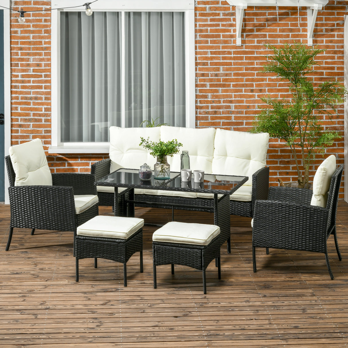 Poly Rattan 5 Seater Garden Furniture Set With Glass Table and Cushions - Velmora