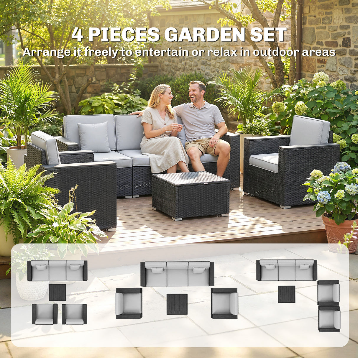 Poly Rattan 5 Seater Garden Sofa Set With Wide Armrests and Pillows - Velmora