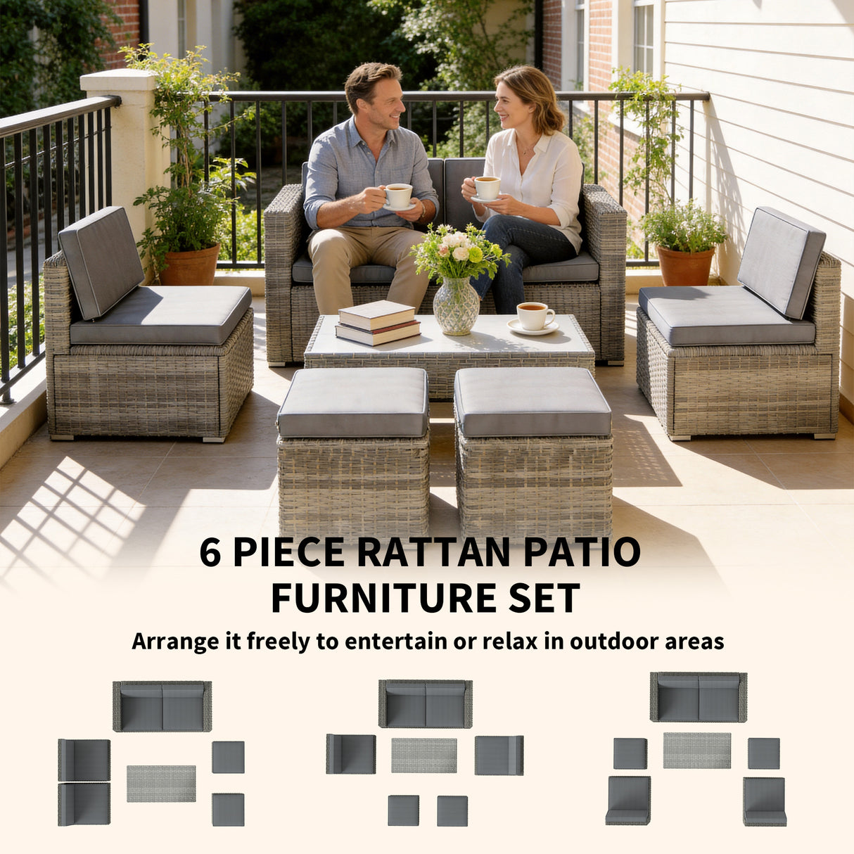 Poly Rattan 6 Pieces Conversation Garden Sofa Set With Nesting Footstools - Velmora