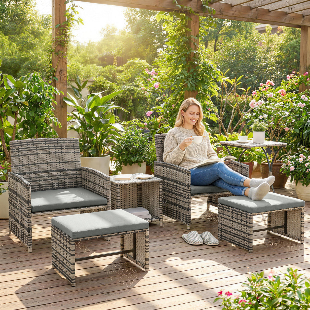 Poly Rattan 6 Pieces Garden Sofa Set With Nesting Tables And Armchairs - Velmora