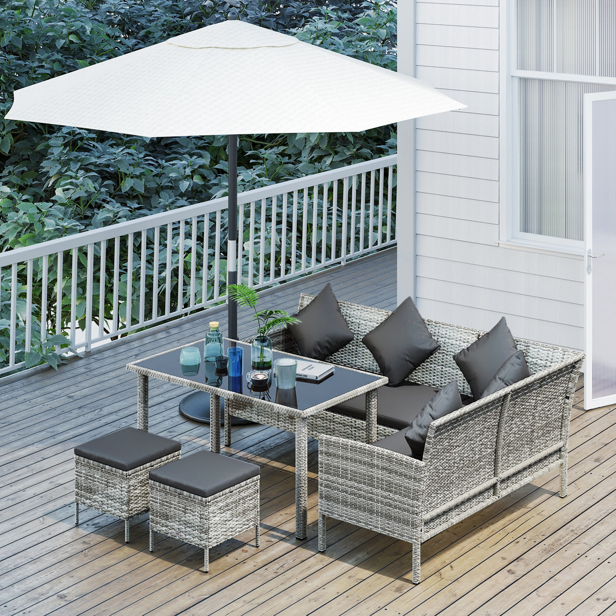 Poly Rattan 6 Seater Garden Dining Set With Table And Footstool With Cushion - Velmora