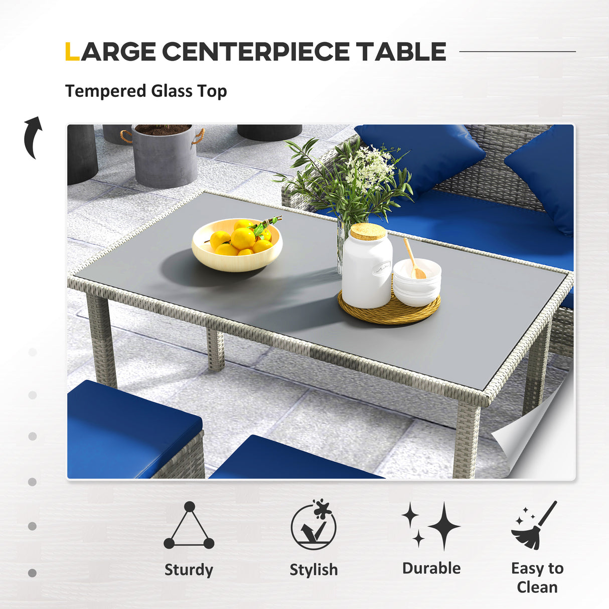 Poly Rattan 6 Seater Garden Dining Set With Table And Footstool With Cushion - Velmora