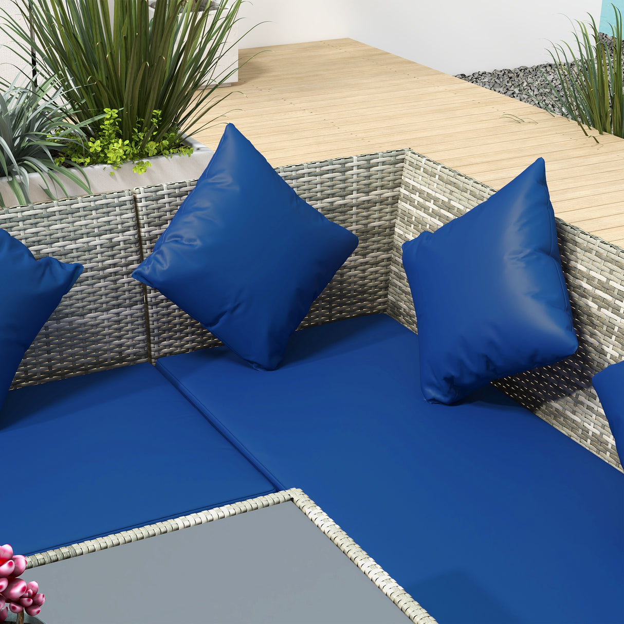 Poly Rattan 6 Seater Garden Dining Set With Table And Footstool With Cushion - Velmora