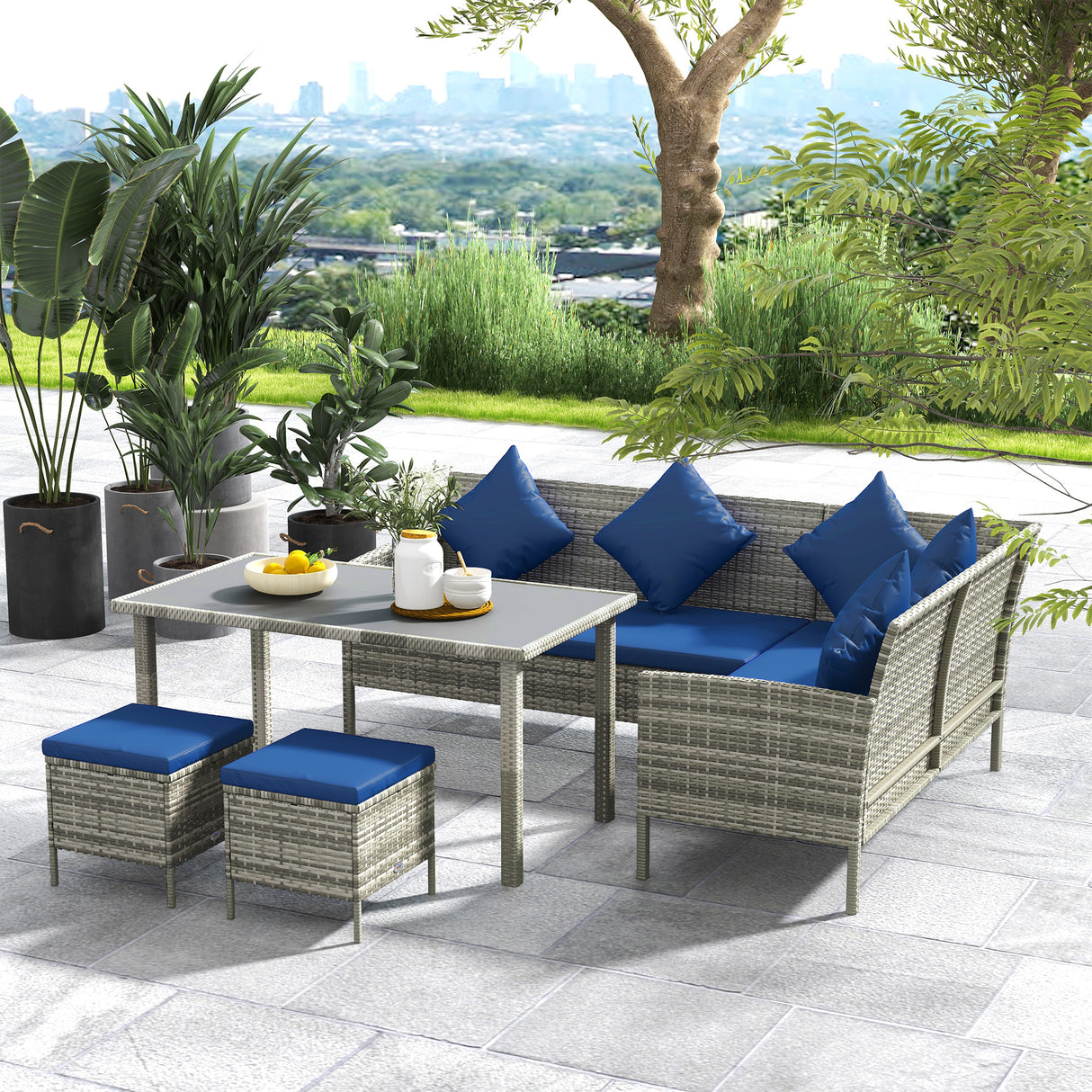 Poly Rattan 6 Seater Garden Dining Set With Table And Footstool With Cushion - Velmora