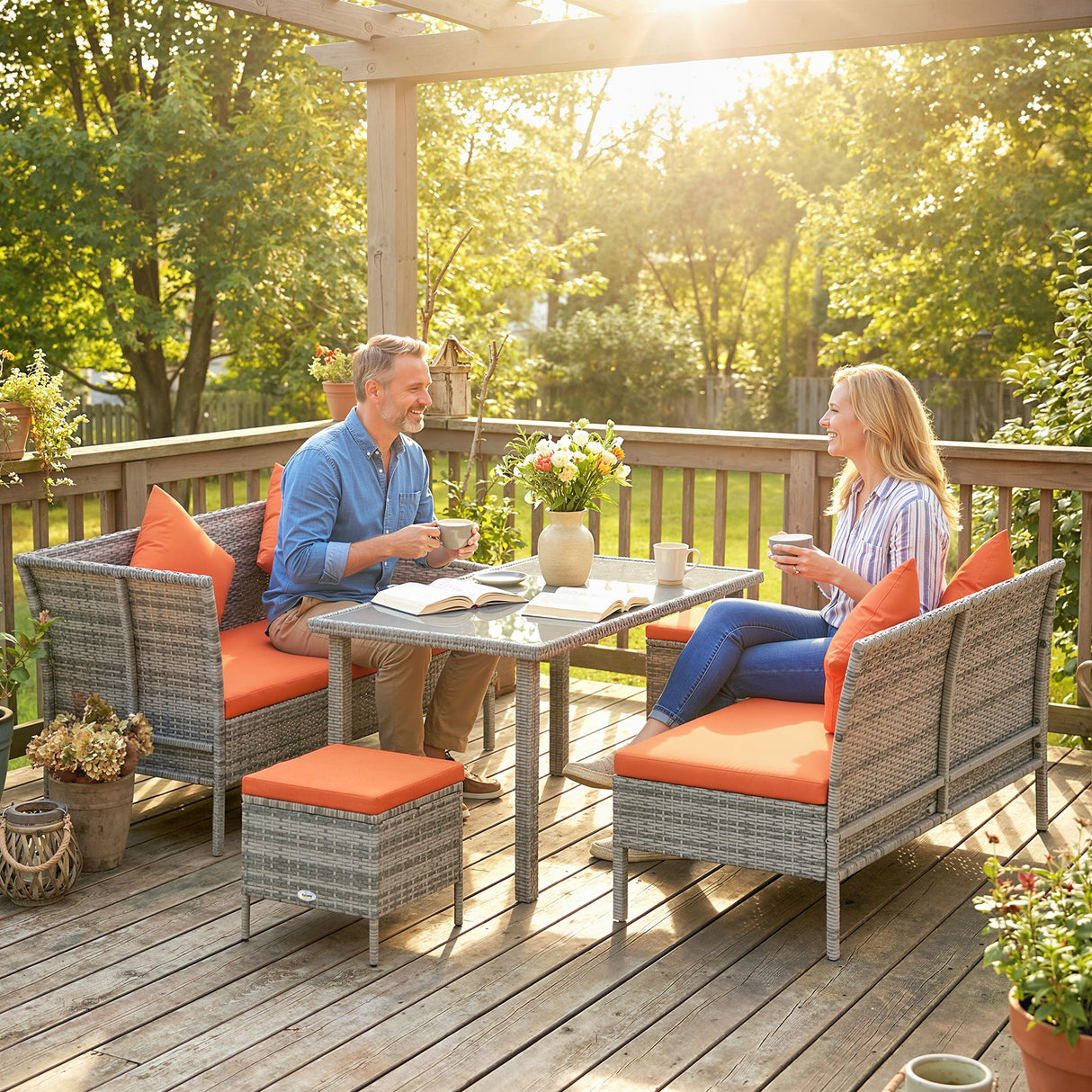 Poly Rattan 6 Seater Garden Dining Set With Table And Footstool With Cushion - Velmora
