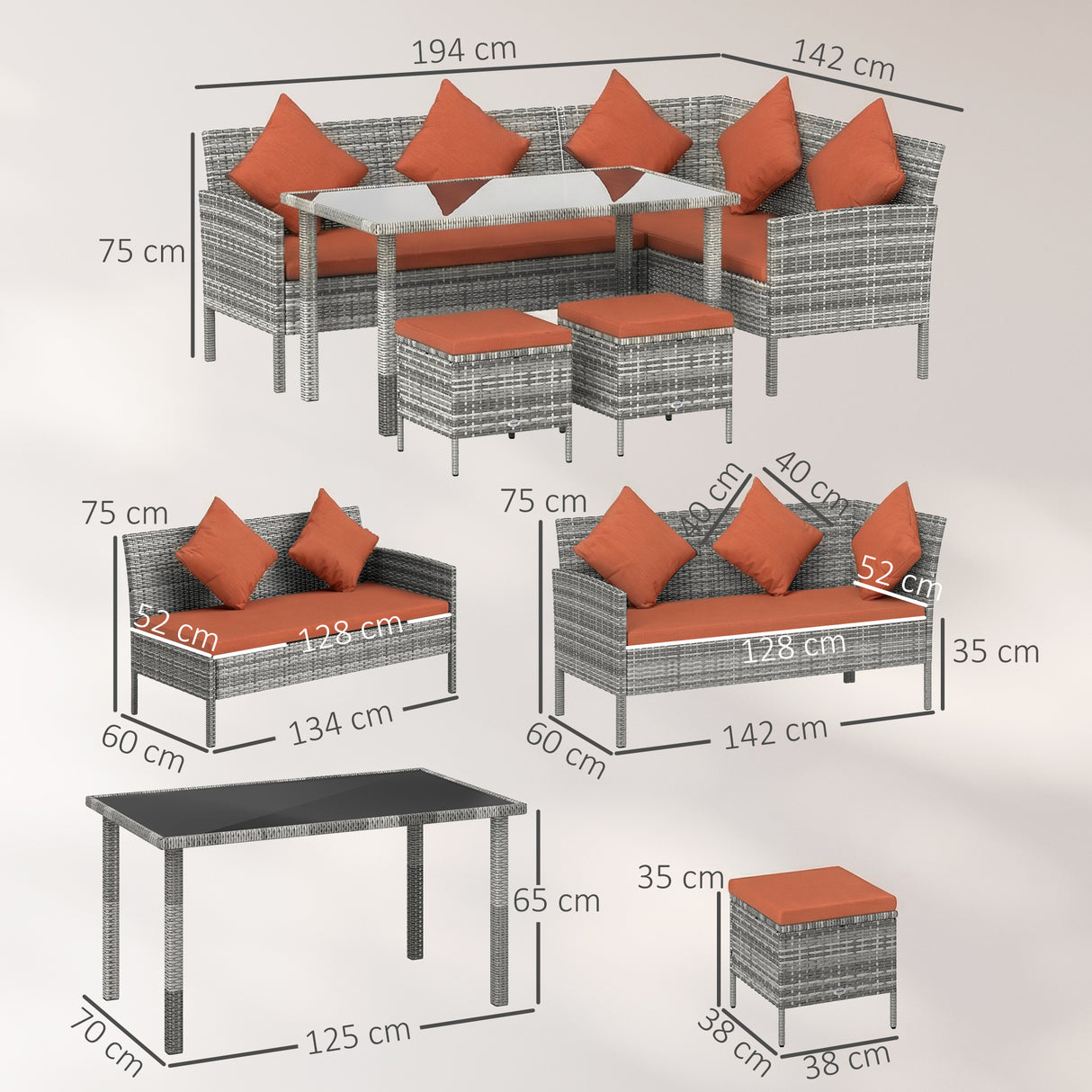 Poly Rattan 6 Seater Garden Dining Set With Table And Footstool With Cushion - Velmora